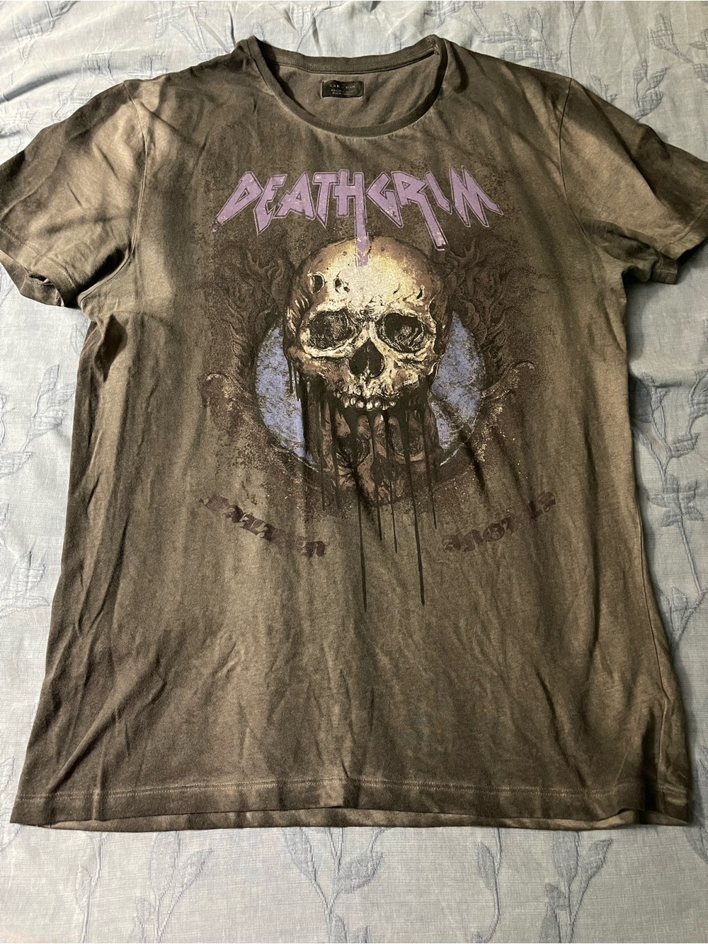 Zara Black Graphic 'Deathgrin' Skull Tee with Purple Accents